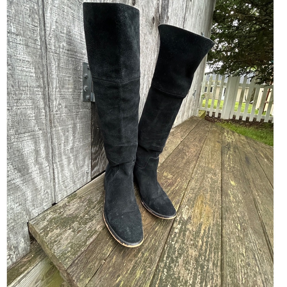 Michael Kors Black Suede Over The Knee Fold Riding Boots Gold Logo Heel Plate